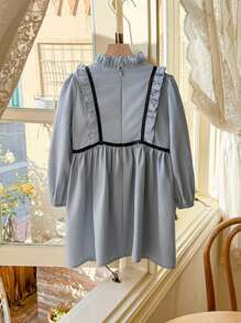 Blossori Young Girls Dresses: Elegant Blue Woven Embroidered Ruffle Collar Dress, Spring/Summer - Blue - View 2