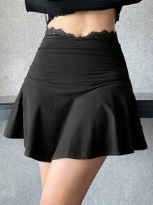 DAZY Lace Patchwork Hög midja Kvinnor Plisserad minikjol - Svart - Visa 2