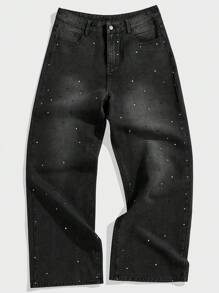Forever 21 Men's Loose Fitting Rhinestone Embellished Dark Grey Washed Jeans,Streetwear Men Party Clothes - Black - View 1