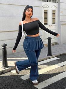 SHEIN EZwear 大码女式拼布褶皱中长裙和喇叭牛仔裤 - 深色水洗藍 - 查看 4