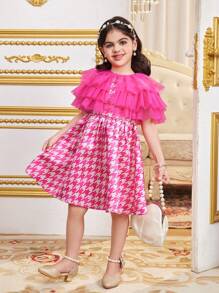 SHEIN 2 Pieces Set: Woven Plaid Sleeveless Dress And Mesh Cardigan For Young Girls - Hot Pink - View 3