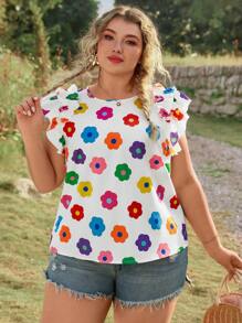 SHEIN VCAY Plus Size Floral Print Round Neck Cap Sleeve Blouse, Multi-Color Summer Beach For Woman Graduation Brunch For Women St Patrick Spring Break Rave Festival Elegant Vacation Woman Casual Western Cute Boho Floral Beach Spring Brunch For Women Old Money Tropical Vacation Woman Cute Tops Women Summer Cute Summer Tops Women Summer Women Tops
