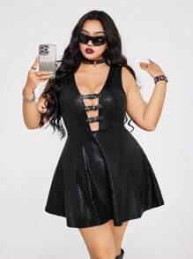 SHEIN ICON 加大码黑色蛇皮纹理深 V 领收腰 A 字形连衣裙性感 Y2K 露背迷你连衣裙朋克哥特 PU 皮革连衣裙