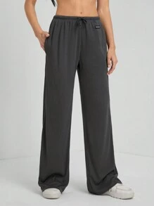 SHEIN Tall Quần ống rộng dệt kim họa tiết thêu chữ cho nữ - Xám - Xem 6