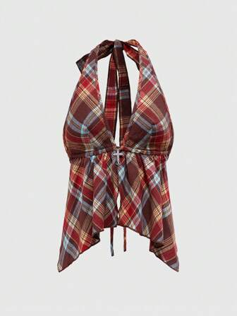 Grunge Punk Musikfestival Y2K sexy Kristall Kreuz Anhänger Dekor kariertes rückenfreies Halterkropftop