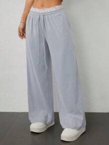 SHEIN PETITE Pantalones largos informales con cintura con cordón, parche de encaje y contraste de color