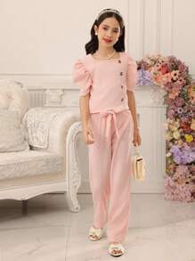 2pcs/Set Tween Girl Solid Square Collar Bubble Sleeves Shirt And Pants Outfit - Pink - View 1