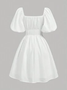 Girlism Teen Girl White Front Ruffle Puff Sleeves Dress, Spring And Summer Are Suitable For Vacation, Festivals, Lunch, Music Festivals - White - View 2