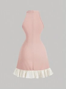 SHEIN MOD Women Pink Mini Dress With Beige Bow & Pearl Decor, Winter Short Dress,Formal Dress,Holiday Dress, Party Dress,New Year Eve Dress