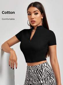 SHEIN Essnce Áo thun Dây kéo màu trơn Giải trí - màu đen - Xem 6