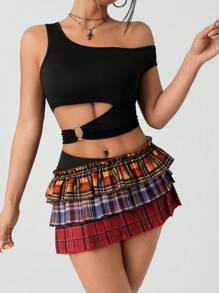 SHEIN ICON Mini-jupe en jean patchwork asymétrique sexy à carreaux pour femmes, jupe trapèze taille haute, convient pour un anniversaire, un club, un style de rue, l'automne