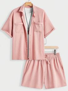 Forever 21 Men's Solid Color Textured Short Sleeve Shirt And Shorts Set For Spring And Summer , Basic , Going Out , Plain , Husband