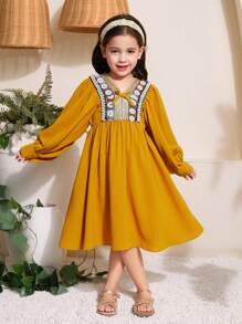 SHEIN Patch Tape Embellished Long Sleeve A-Line Dress, Vacation Look For Young Girls - Yellow - View 3