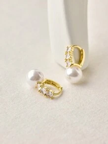 2pcs Silver Plated Pearl Earrings Women Fashion Zirconia Hoop Earrings Bridal Wedding Party Jewelry Gift For Girlfriend Wife BBF Valentine's Day Gift