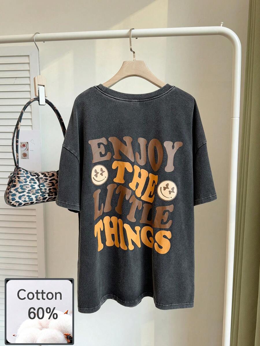 Comfortcana Plus Size Women 90s Clothes,Graphics Woman T Shirts,Acid Washed Look Vintage Knitted Distressed,Streetwear,Cowgirl,Letter Print Short Sleeve Casual T-Shirt,Spring Summer Clothes