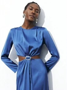 Maija Spring And Summer New Style Blue Waist Sexy Hollowed Out Metal Buckle Women's Long Dress Urban Modern Elegance Daily Casual Commuting Suitable For Going Out For Vacations, Festivals, Parties, Weddings And Dates Business Casual Women's Wear, Office Wear, Low-Key Old Money Style, Effortless Temperament, High-End Urban Commuting, The Same Style As The Editor-In-Chief Of The Magazine, Urban Social Vacation Party Wear, Charming, Low-Key And Durable Basic Style, Versatile And Not Picky Clothing, Street Fashion Wear, Clothing, Coffee Shop, Relaxed Wear