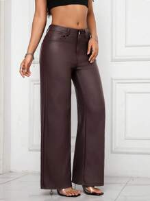 SHEIN PETITE Women's Solid Color Pocketed Wide Leg Loose Casual Pants Fall Cloth For Women