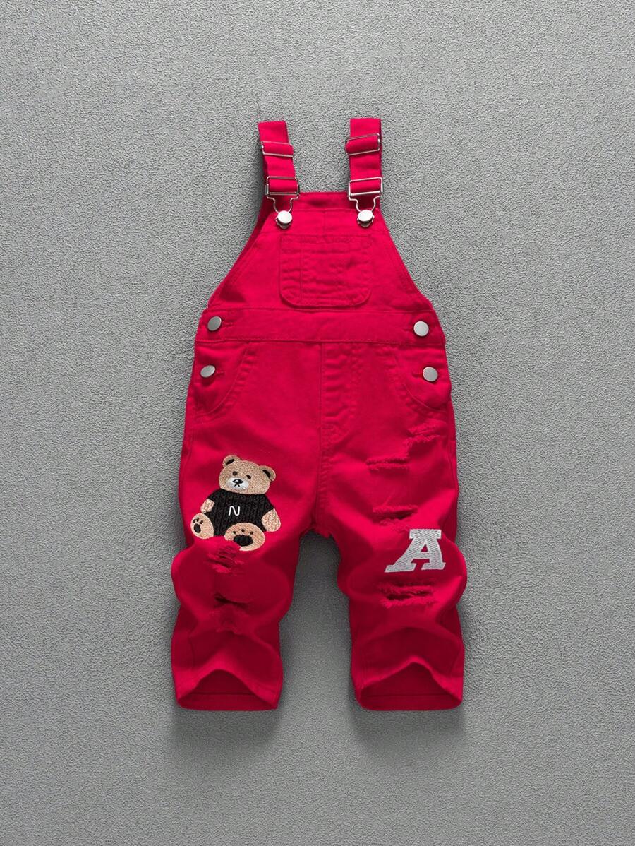 男婴黑熊字母刺绣做旧洗水牛仔长裤 - 紅色 - 查看 1