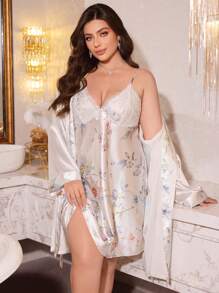 LuxeNights 蕾丝拼布花卉印花吊带睡袍和睡袍套装，仿丝大码家居服