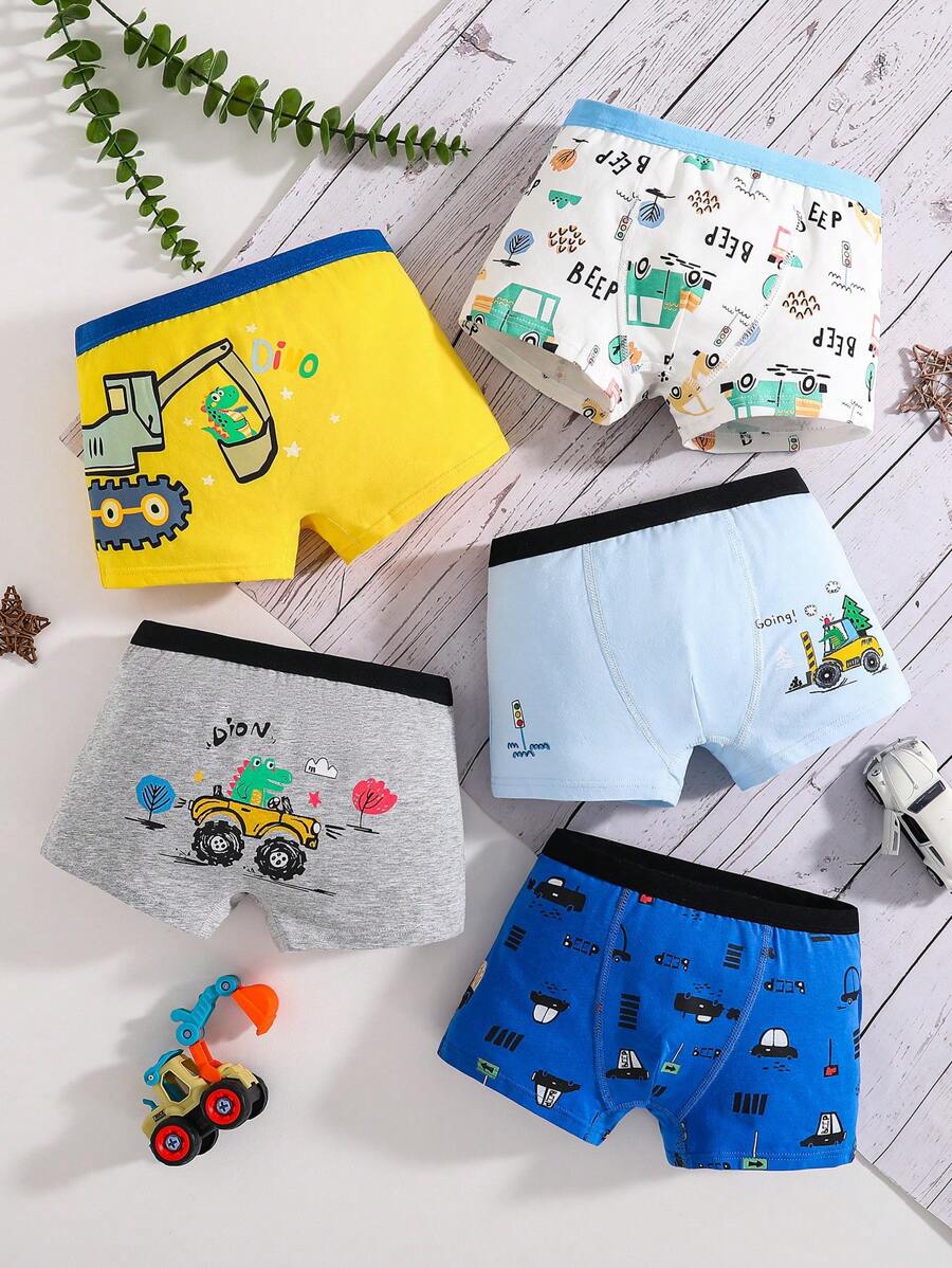 Young Boys Comfortable Car Dinosaur Print 5-Pack Boxer Briefs - Multicolor - View 1