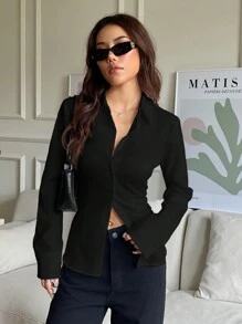 SHEIN EZwear Camisa de manga larga, de unicolor, de mujer, con cierre de cordón - Negro - Ver 3