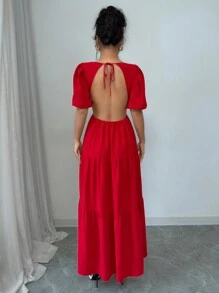 Chiquease Fashionable Everyday V-Neck Tied Backless Ruched Layered Dress For Women
