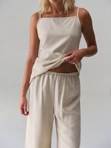 TRNVIE Minimalistyczny styl morelowy dopasowany bezrękawnik i wysoki stan luźne szerokie nogawki długie spodnie damskie 2 częściowy zestaw, uniwersalny elegancki