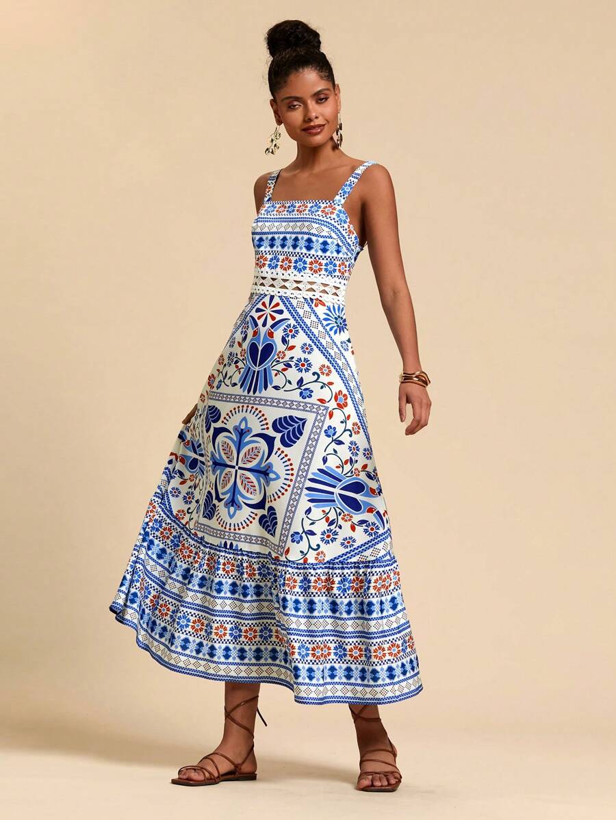 Travachic 女士夏季热带印花钩针长裙 女士印花编织吊带裙 长款节日连衣裙 女士情人节连衣裙 女士夏季连衣裙 女士连衣裙 夏季节日波西米亚风连衣裙 夏季连衣裙 度假海滩度假装 - 彩色 - 查看 1