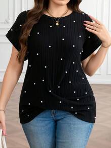 Gownix 大码女式仿珍珠装饰短袖休闲 T 恤 - 黑色 - 查看 7
