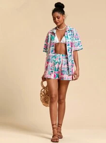 Travachic Set de 2 piezas para mujer de camisa y shorts con estampado de Hawai para primavera/verano