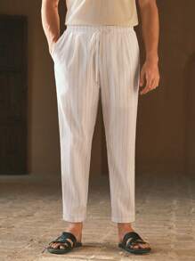 Manfinity VCAY Men's Woven Stripe Long Mid-Rise Straight Leg Casual Pants, Suitable For Daily Wear