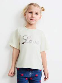 SHEIN Young Girls Round Neck Drop Shoulder Sequins Bead Print Short Sleeve Beige T-Shirts, Casual Style, Spring, Suitable For Valentine's Day - Beige - View 3