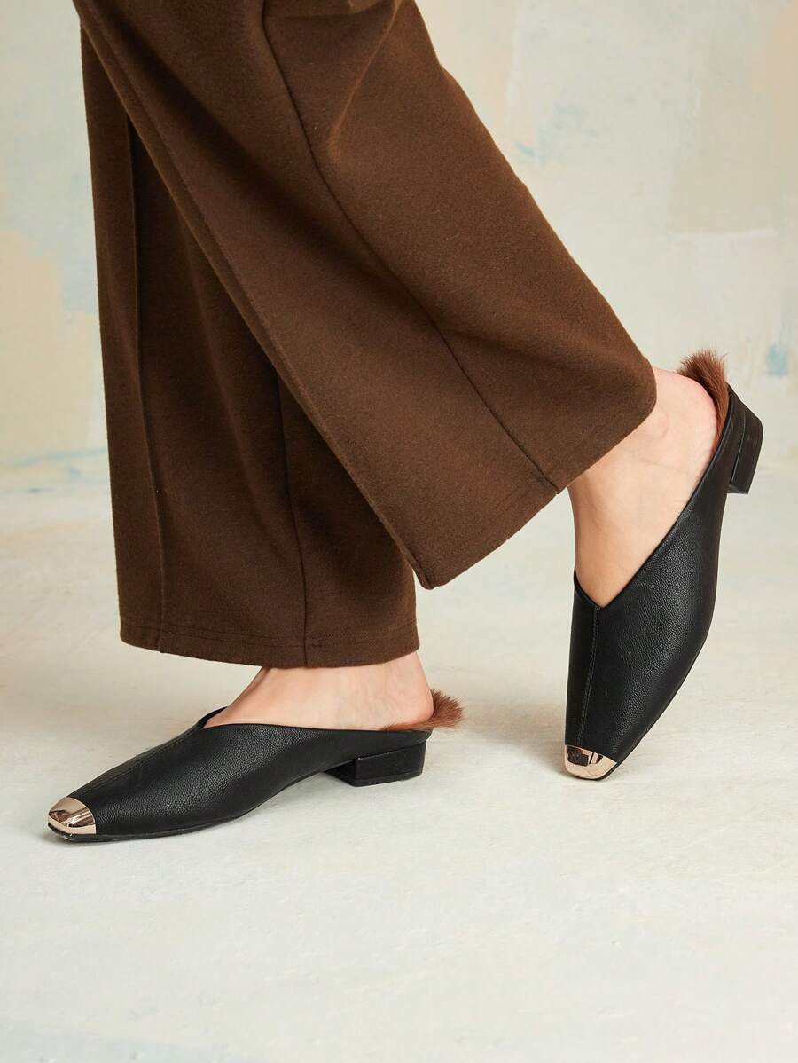 PREMIUM BLACK RABBIT FUR TRIM WOMEN LOW HEEL BACKLESS SLIDES SPRING SHOES, SPRING BREAK EASTER PROM HEELS - Black - View 2