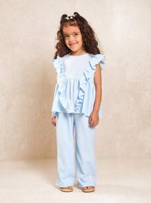 SUMWON 纹理针织荷叶边袖两件套女童套装夏季休闲阔腿春季假日套装日间特殊场合儿童套装