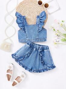 SHEIN 2 Stück/Set 2025 Neue Baby Mädchen Blaue Denim Volantärmel Oberteil und Shorts Set