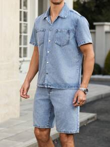 Manfinity Homme 2 件男士短袖单排扣衬衫和牛仔短裤套装