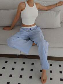 DAZY 简约休闲纯色背心和条纹睡裤女式两件套睡衣套装