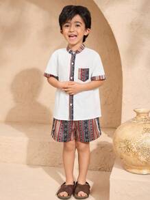 2 Pieces Set Of Young Boy Casual Geo Print Standing Collar Shirt And Shorts Set Suitable For Birthday Parties - White - View 9