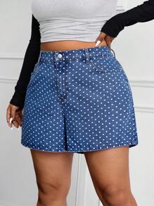 SHEIN EZwear Plus Size Women's Heart Pattern Pocket Loose Shorts - Medium Wash - View 5