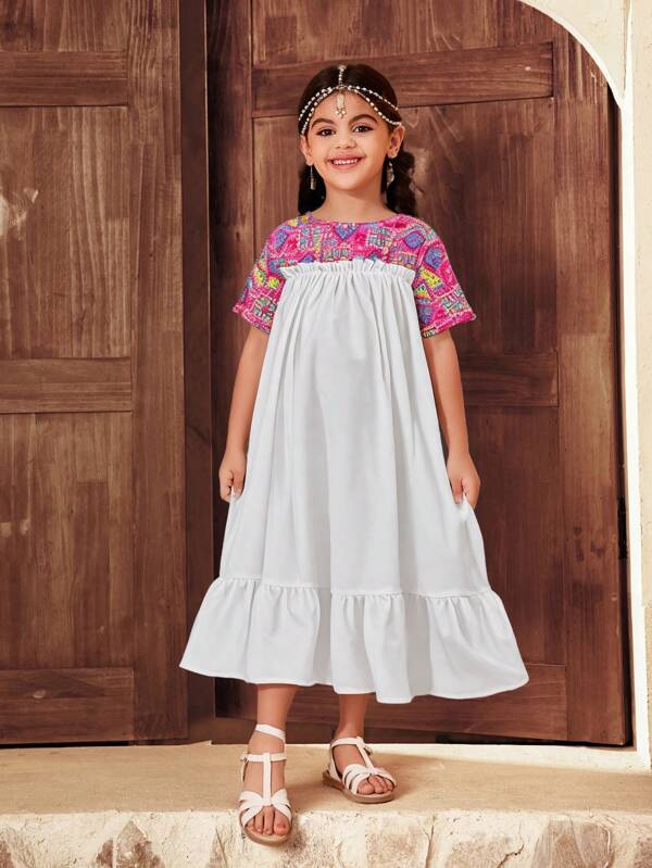 SHEIN Young Girl Casual Vacation Vintage Patchwork Loose Ruched A-Line Midi Smock Dress, Suitable For Girls Daily Wear, Festivals, Family  And Special Occasions  ,Suitable For Spring And Summer, Perfect For Vacations