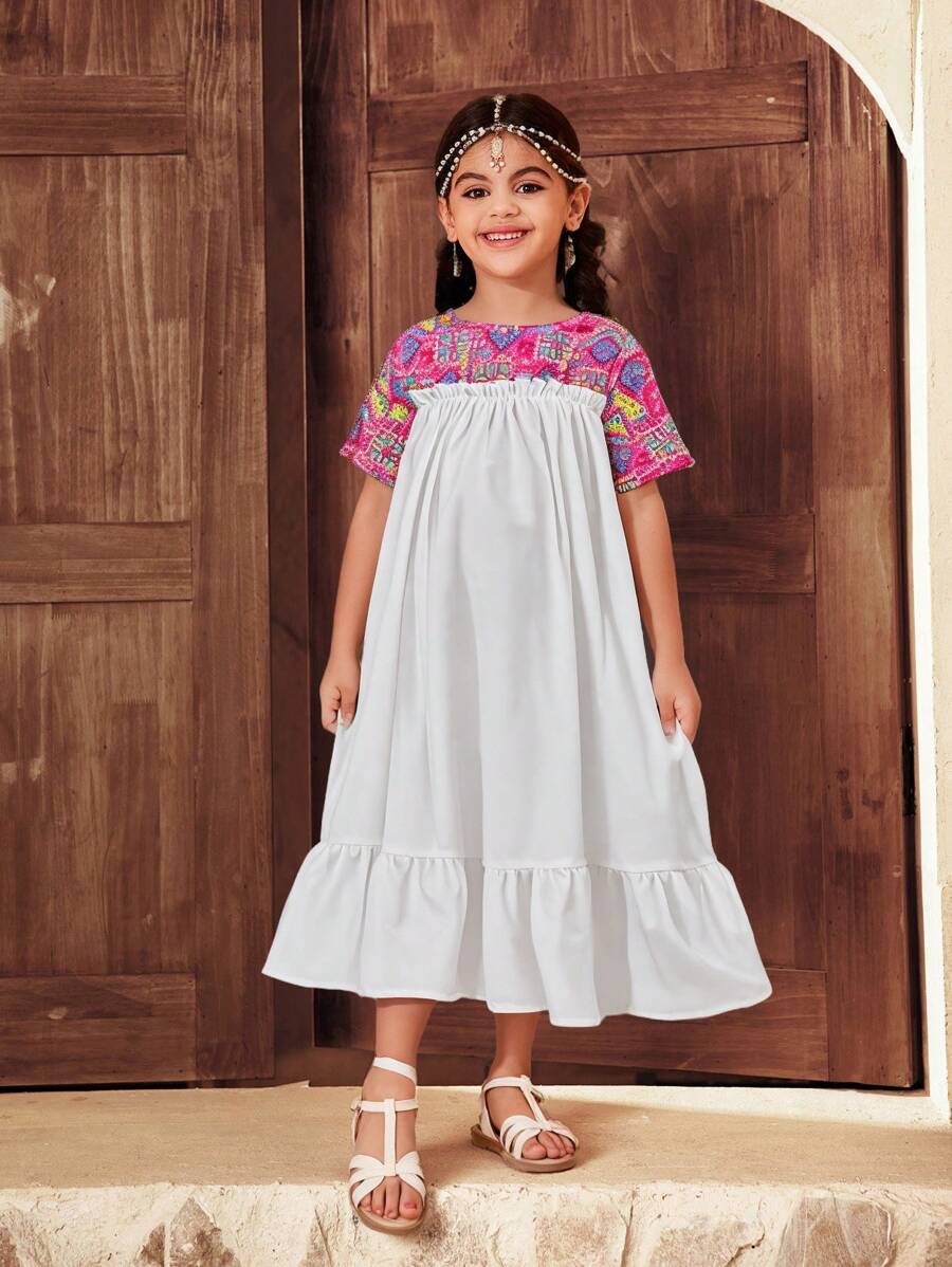 SHEIN Leap Crew Young Girl Casual Vacation Vintage Patchwork Loose Ruched A-Line Midi Smock Dress, Suitable For Girls Daily Wear, Festivals, Family And Special Occasions ,Suitable For Spring And Summer, Perfect For Vacations - Multicolor - View 1