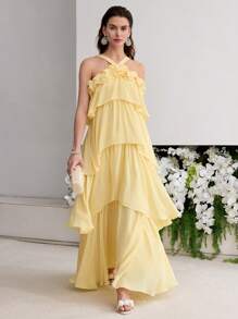 MOTF PREMIUM 立体花卉荷叶边连衣裙 - 黃色 - 查看 3