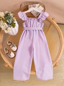 SHEIN Young Girl Floral Embroidery Patchwork Ruffle Hem Wide Leg Jumpsuit Young Girls Jumpsuit - Multicolor - View 2