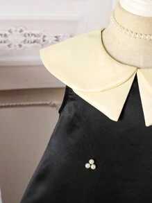 SHEIN Young Girl Cute Peter Pan Collar Bowknot Faux Pearl Decor Loose Sleeveless Dress - Black and White - View 4