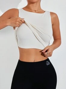 SHEIN Sports 女士纯色圆领日常健身和运动背心 - 米色 - 查看 4