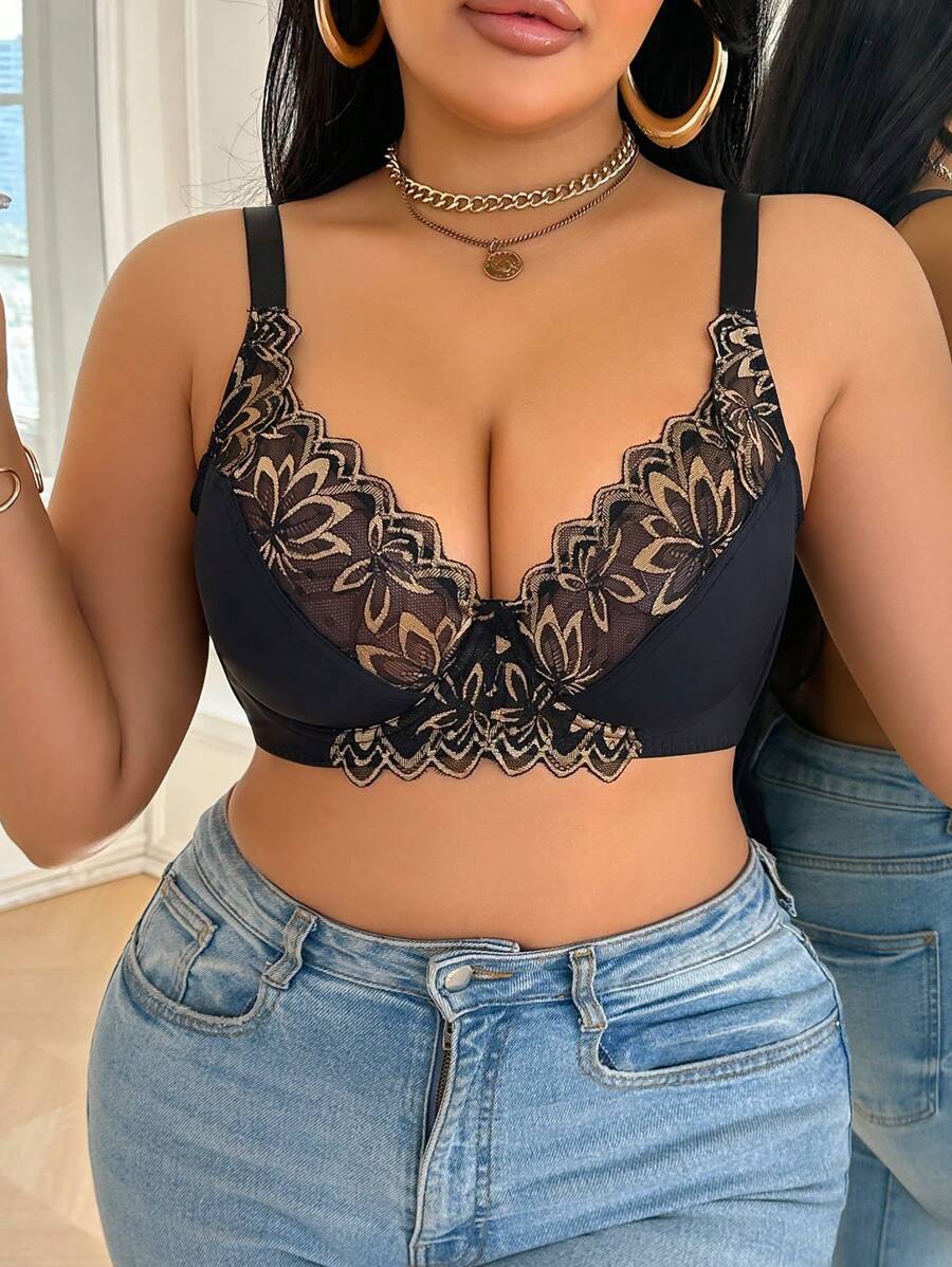 SHEIN 1pc Plus Size Women Lace Patchwork Underwire Bra, Comfortable - Multicolor - View 1