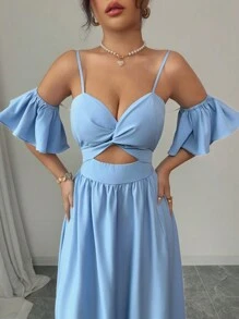 Calvaya Fashionable All-Match Sleeveless Twist Hollow Waist Ruffle Hem Slit Dress For Women