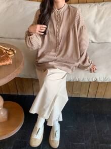 FRIFUL Women's Striped Loose Linen Casual Button-Down Shirt, Nature Style For Summer,Fall Clothes - Khaki - View 6