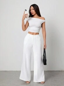 SHEIN PETITE 新款秋冬低腰休闲个性西装裤 - 白色 - 查看 5