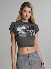 Easelle 女士灰色印花修身短款 T 恤 - 深灰色 - 查看 4